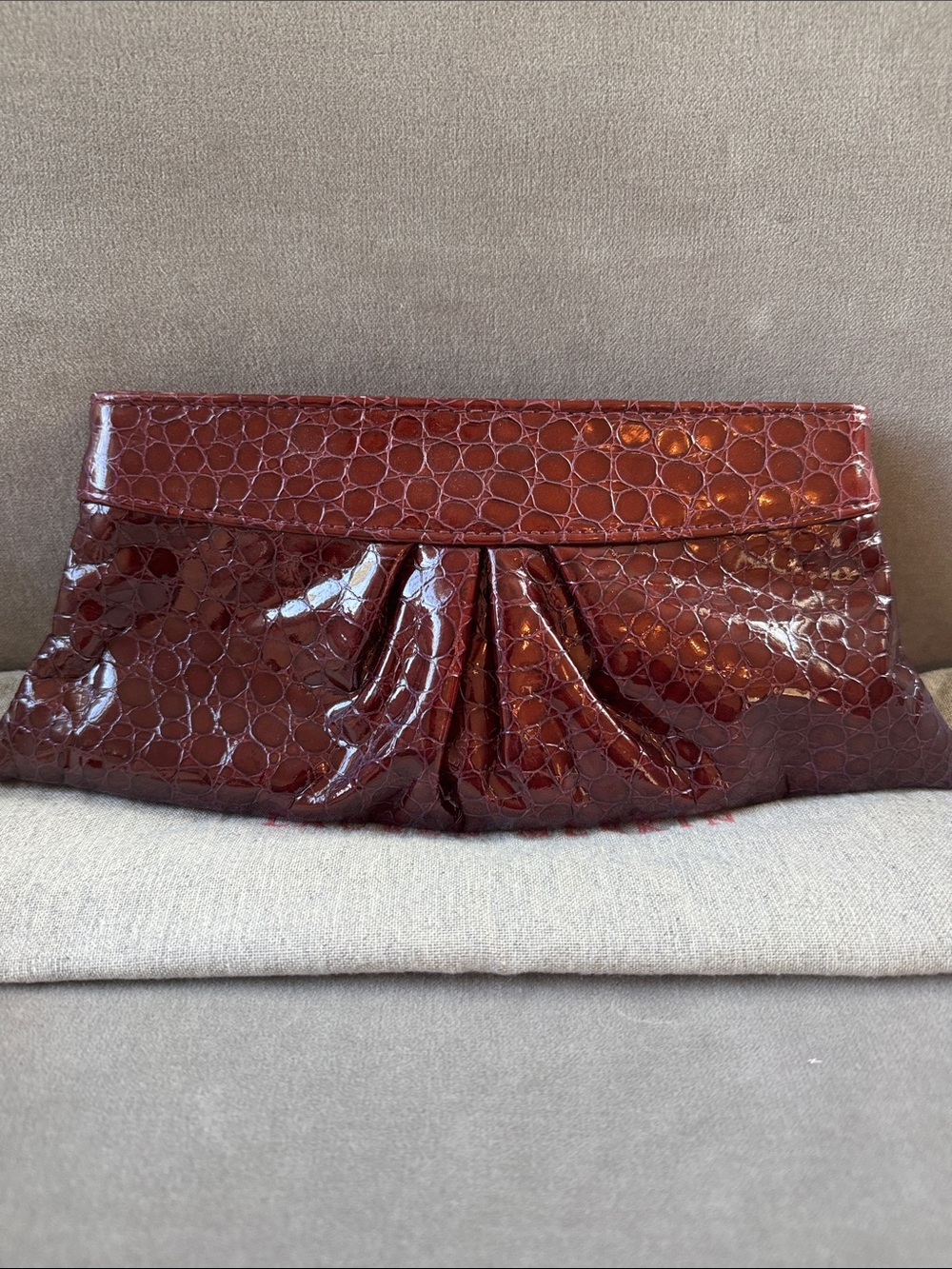 🔥 AS IS Lauren Merkin Plum Purple Patent Croc-Embossed Leather Pleated Clutch